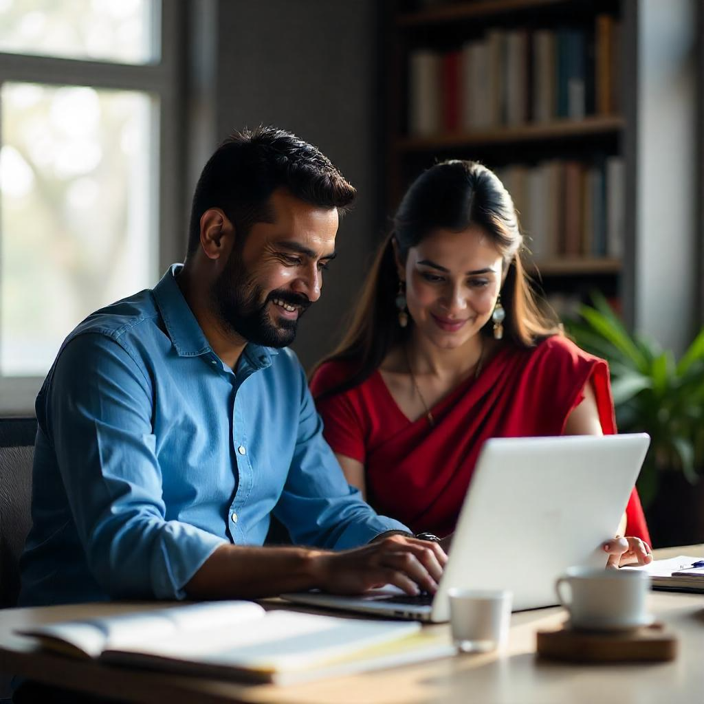 Two individuals working together on a laptop in an office, illustrating Mahendras' approach to modern education and collaboration.